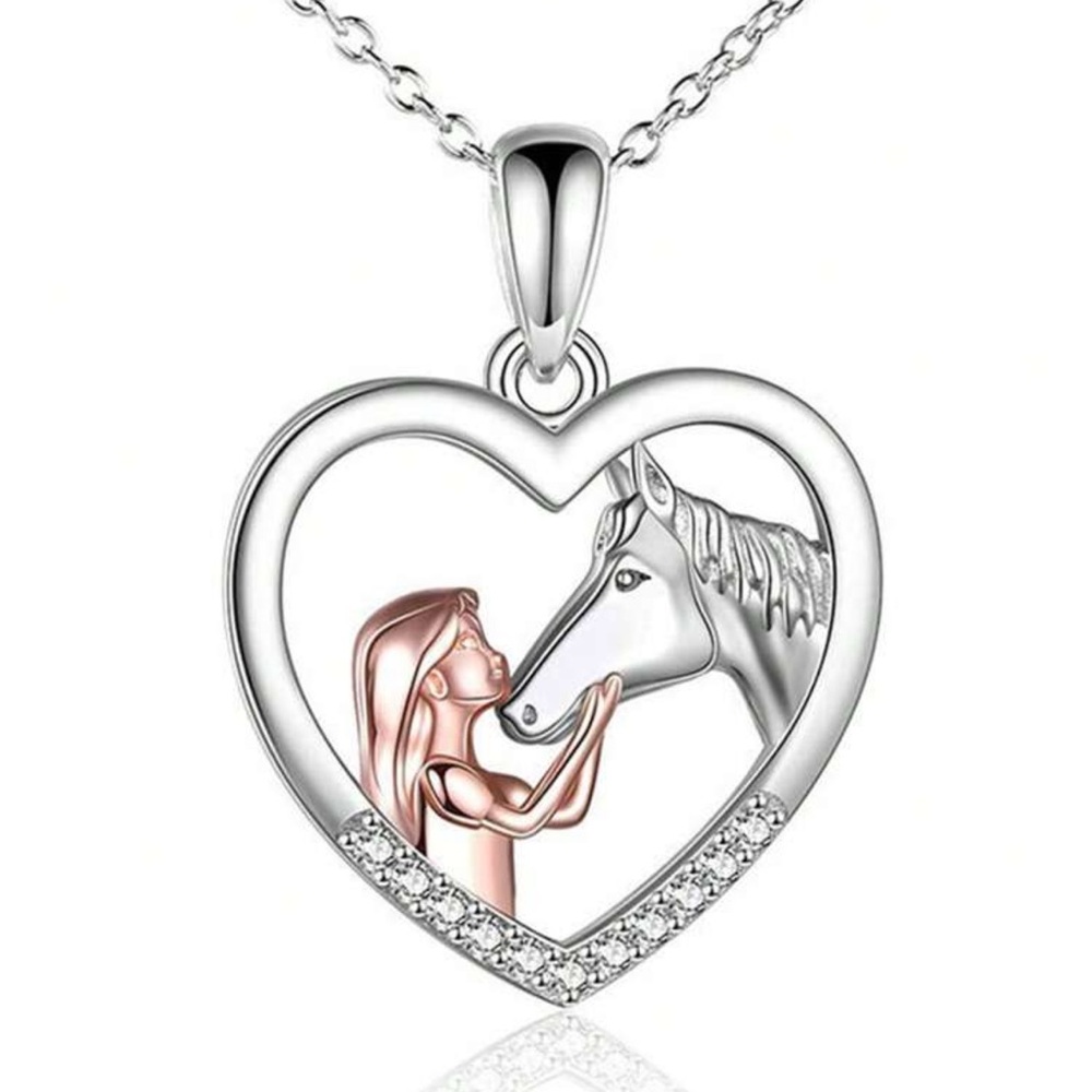 Heart Necklace with Horse and Girl Design, Girl and Horse Necklace